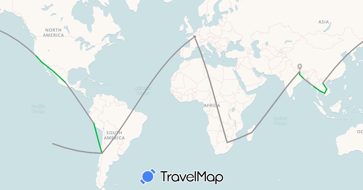 TravelMap itinerary: driving, bus, plane in Chile, France, India, Cambodia, Laos, Madagascar, Myanmar (Burma), Mexico, Nepal, Peru, Thailand, United States, South Africa (Africa, Asia, Europe, North America, South America)